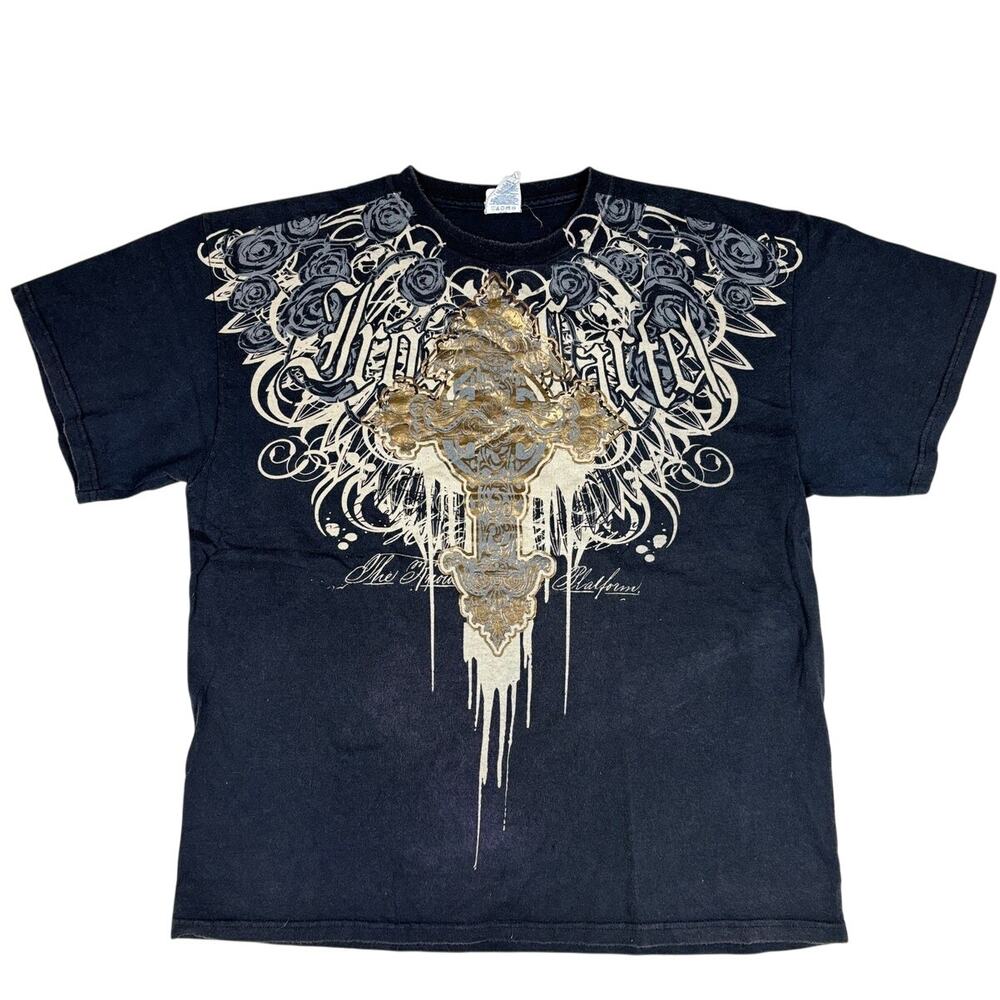 Crazy vintage Y2K Affliction Gold Cross AOP baggy skater tee Size L